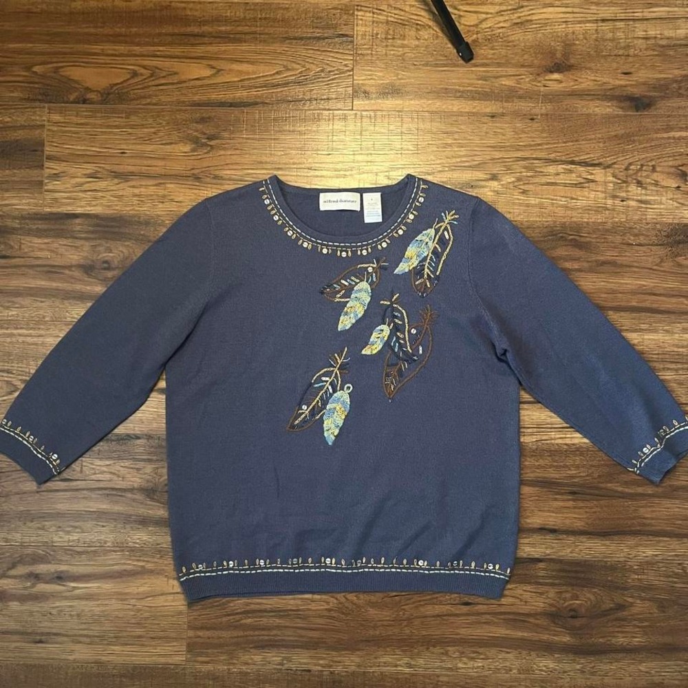 Vintage Embroidered‎ Sequins Feather Knit Sweater Blue Boho Cottagecore Women S